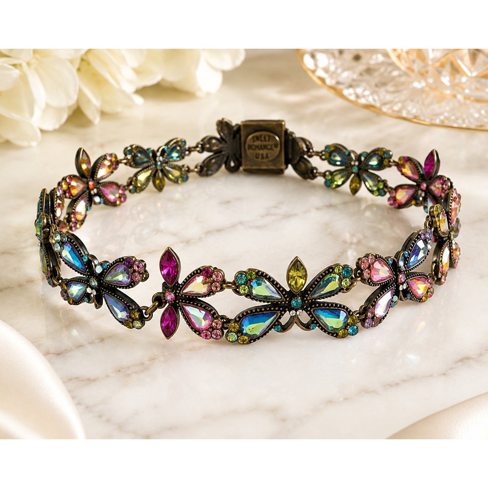 Vintage Sweet Romance USA Butterfly Bracelet Aurora Borealis Crystal Rhinestones